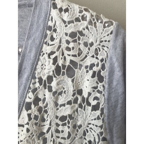LOFT Womens Size M Cardigan Sweater Button Front Gray White Lace Crochet Front - Picture 3 of 5